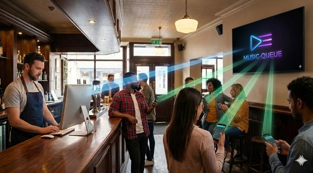 Clientes pedindo músicas pelo celular em um bar com telão