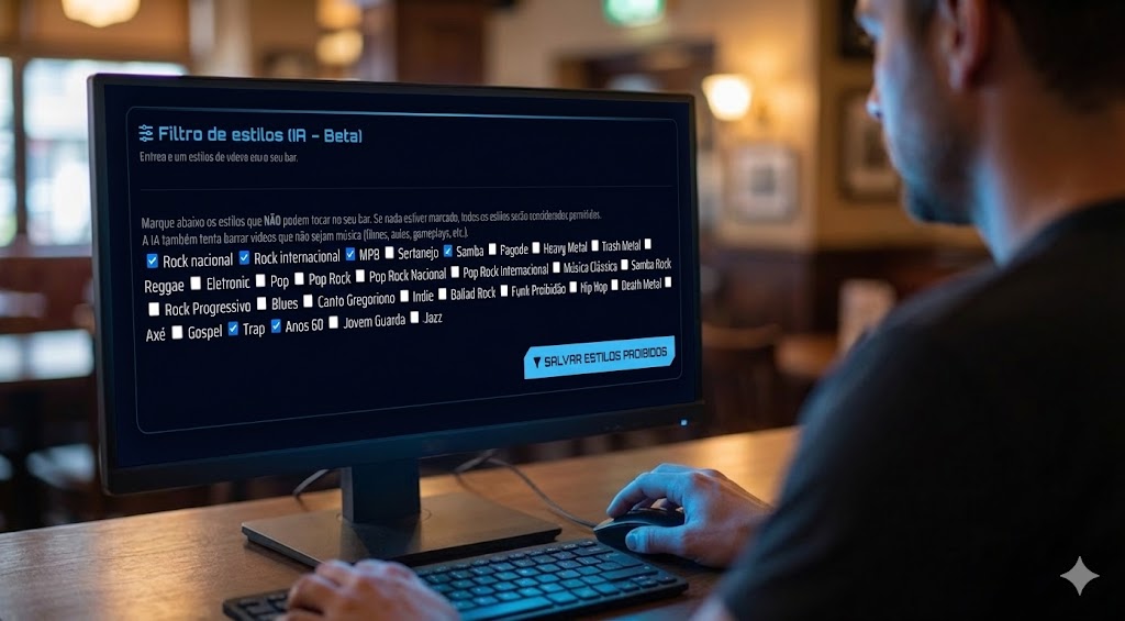 Dashboard do dono do bar com créditos e controle da playlist